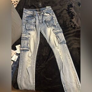 Distressed Slim-Fit Cargo Jeans